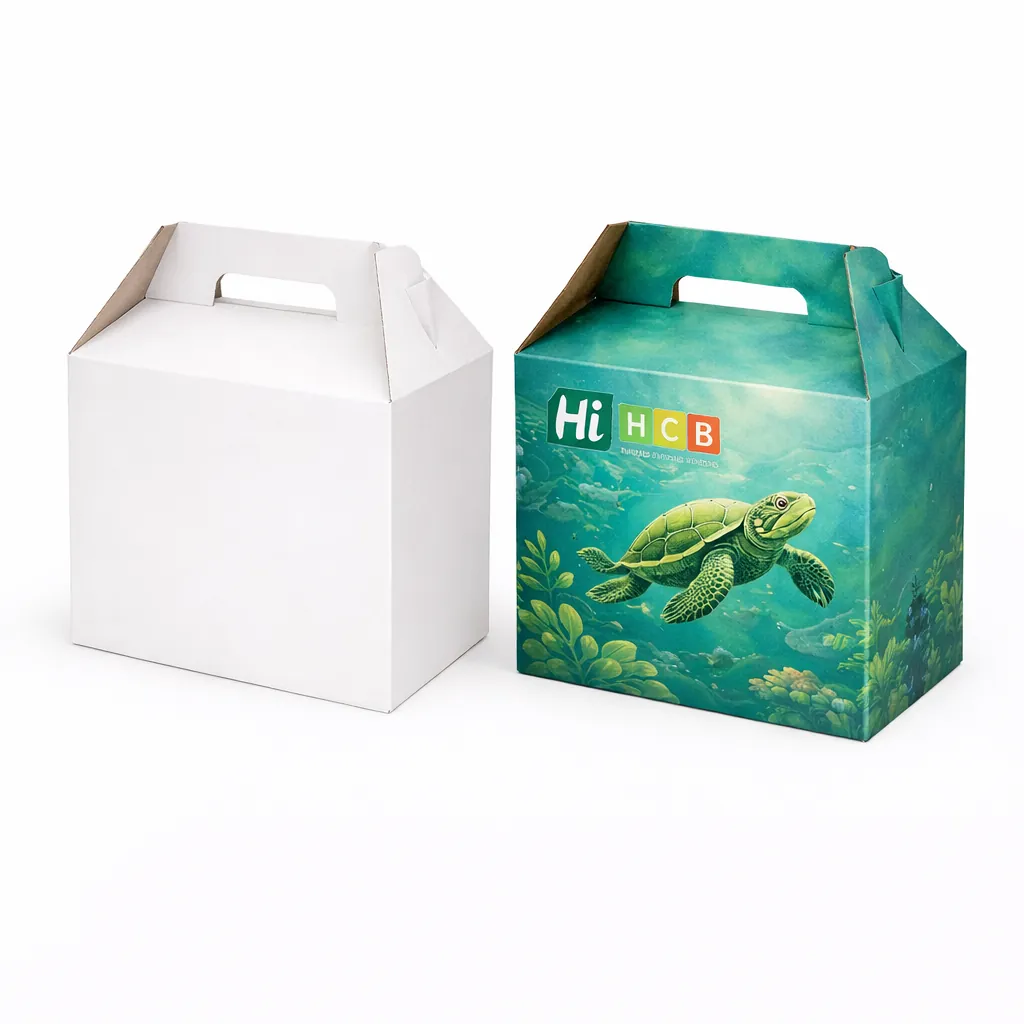Two sturdy white two-piece boxes with lids, including one featuring custom green turtle branding. class=
